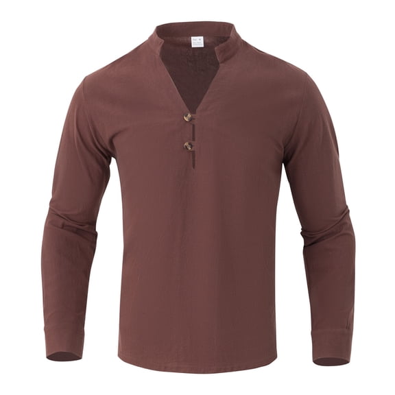 JAJAHO Mens V Neck T Shirt Long Sleeve Lightweight Linen Solid Color Basic Tee Beach Shirts Casual Button Loose Fit Versatile Tops