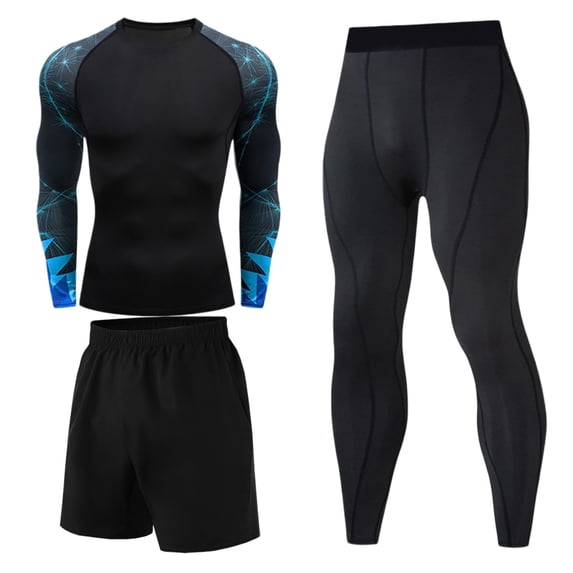 JAJAHO Mens Workout 3 Piece Outfits Tummy Control Long Sleeve Shirt And Pants Athletic Running Suit With Pockets For Basketball Training Comfortable Outfit