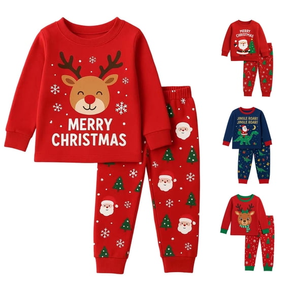 JAJAHO Merry Christmas Pajamas For Kids Girls Boys Holiday Sleepwear Long Sleeve Santa 2 Piece Pjs 2-10Y