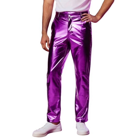 JAJAHO Metallic Disco Pants Mens Shiny Straight Leg Casual Trousers Rave Party Dance Club Night Out Flat-Front Trendy Trousers