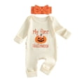 thumbnail image 1 of JAJAHO My First Halloween Infant Baby Girl Jumpsuits Pumpkin Letter Embroidered Onesie With Headband 2 Piece Set 0-9M, 1 of 4