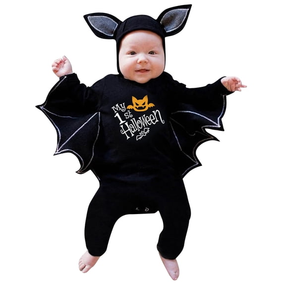 JAJAHO My First Halloween Outfit Baby Boy Girl Jumpsuit Bat Dress Up Clothes With Hat 2 Piece Set 0-24M