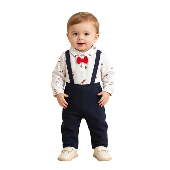 JAJAHO Newborn Baby Boy Clothes Christmas Gentleman Outfit Long Sleeve Romper With Suspender Pants 2 Piece Set