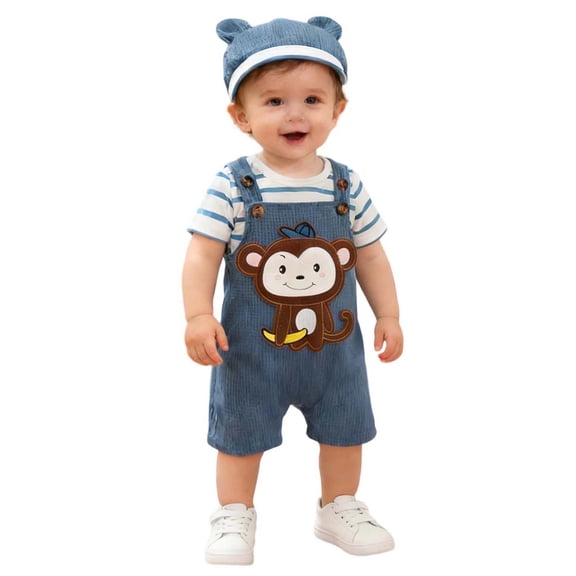 JAJAHO Newborn Baby Boy Girl Clothes Short Sleeve Striped Romper Bodysuit Cartoon Suspender Shorts With Hats 3PCS Set 0-18 Months Cozy Outfit