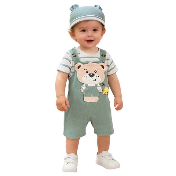 JAJAHO Newborn Baby Boy Girl Clothes Short Sleeve Striped Romper Bodysuit Cartoon Suspender Shorts With Hats 3PCS Set 0-18 Months Stylish Outfit