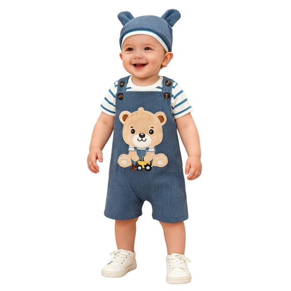 JAJAHO Newborn Baby Boy Girl Clothes Short Sleeve Striped Romper Bodysuit Cartoon Suspender Shorts With Hats 3PCS Set 0-18 Months Versatile Outfit