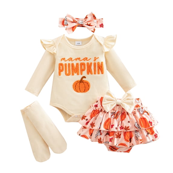 JAJAHO Newborn Baby Girl Clothes Halloween Outfit Long Sleeve Bodysuit Tiered Skirt With Headband Socks 4 Piece Set 0-18M