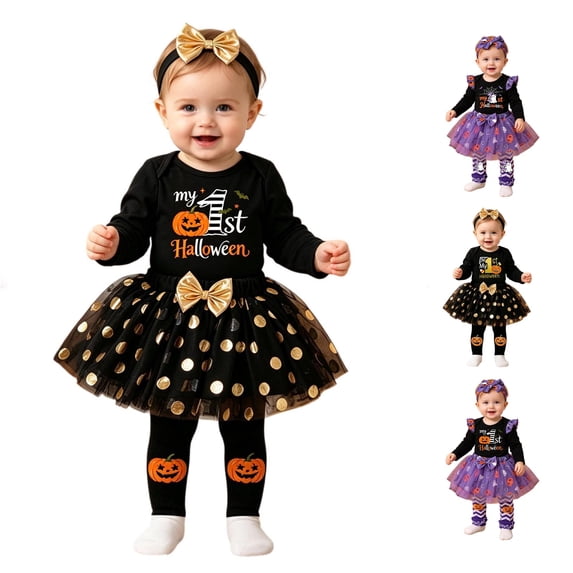JAJAHO Newborn Baby Girl Clothes My First Halloween Outfit Long Sleeve Bodysuit Tutu Skirt With Headband Leg Warmers 4 Piece Set 1-18M