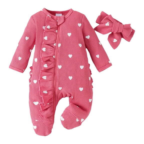 JAJAHO Newborn Infant Romper Baby Girl Clothes Heart Print Long Sleeve Ruffle Footed Jumpsuit With Headband Valentine's Day 2 PCS Set Cozy Onesie