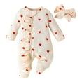 thumbnail image 1 of JAJAHO Newborn Infant Romper Baby Girl Clothes Heart Print Long Sleeve Ruffle Footed Jumpsuit With Headband Valentine's Day 2 PCS Set Trendy Onesie, 1 of 9