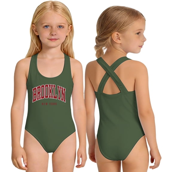 JAJAHO One Piece Swimsuit Girls Cross-Back Athletic Letter Print Full Coverage Stretch Bathing Suit For Kids 2-14Y Lovely Beachwear