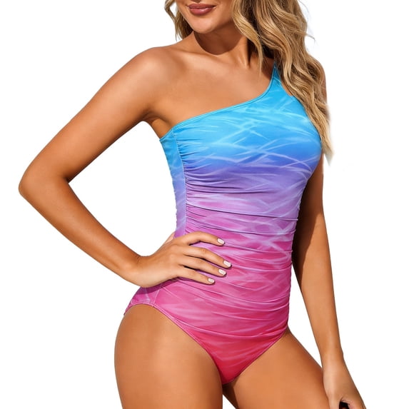 JAJAHO One Piece Swimsuit Women One Shoulder Full Coverage Swimwear Tummy Control Summer Athletic Bathing Suit Versatile Beachwear