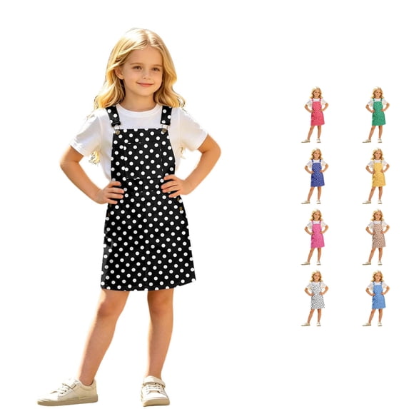 JAJAHO Overall Dress For Girls Adjustable Straps Retro Polka Dot Loose Fit Summer Casual Vintage Dresses With Pockets For Kids 4-13Y