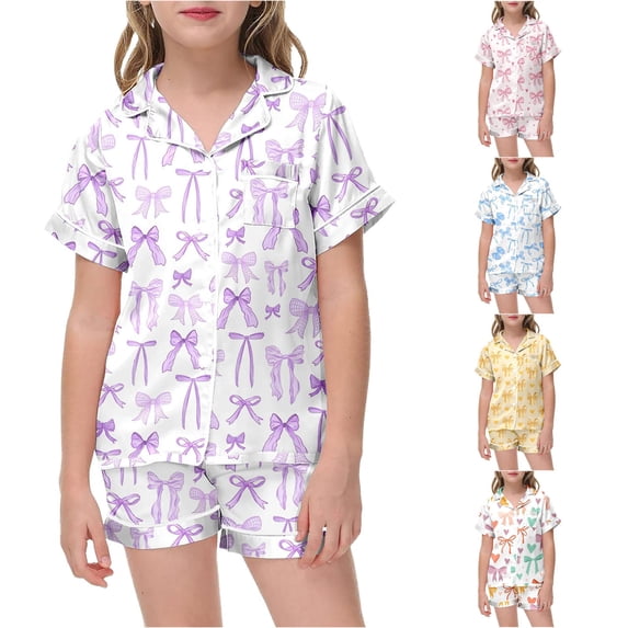 JAJAHO Pajamas For Girls 2 Piece Sets Bow Printed Short Sleeve Summer Satin Sleepwear Shorts Set For Kids 2-13Y