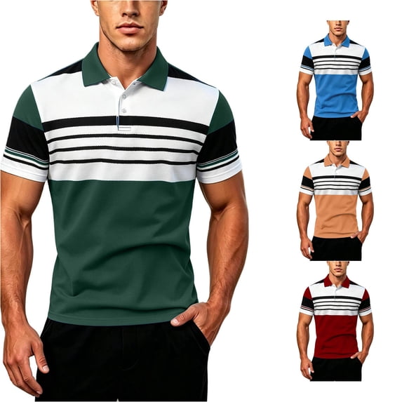 JAJAHO Polo Shirts For Men Color Block Striped Summer Breathable Moisture Wicking Short Sleeve Workout Golf Shirts Versatile Tops