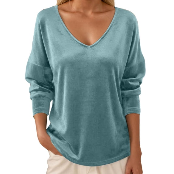 JAJAHO Shirts For Women Solid Color Velvet V Neck Long Sleeve Base Layer Pullover Party T Shirt Trendy Tops