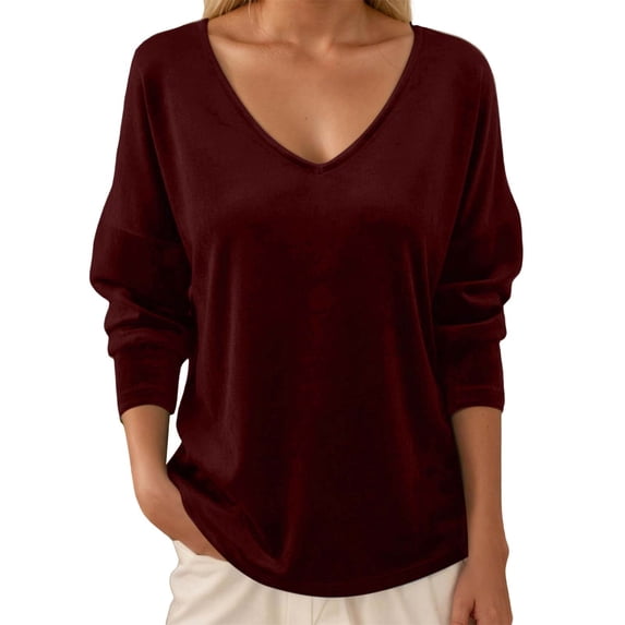 JAJAHO Shirts For Women Solid Color Velvet V Neck Long Sleeve Base Layer Pullover Party T Shirt Trendy Tops