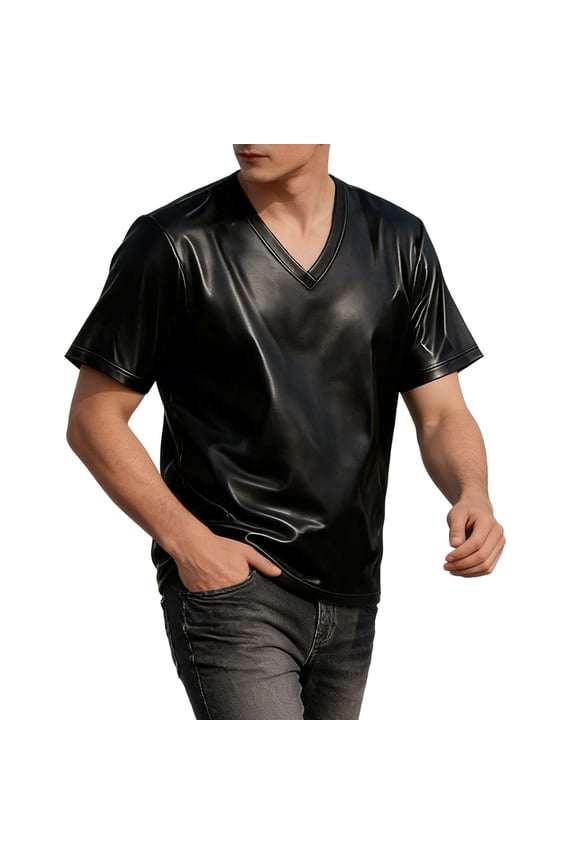 Short Sleeve T Shirt Men PU Leather Shirts V Neck Party Tee Night Out Clubwear Classic Tops