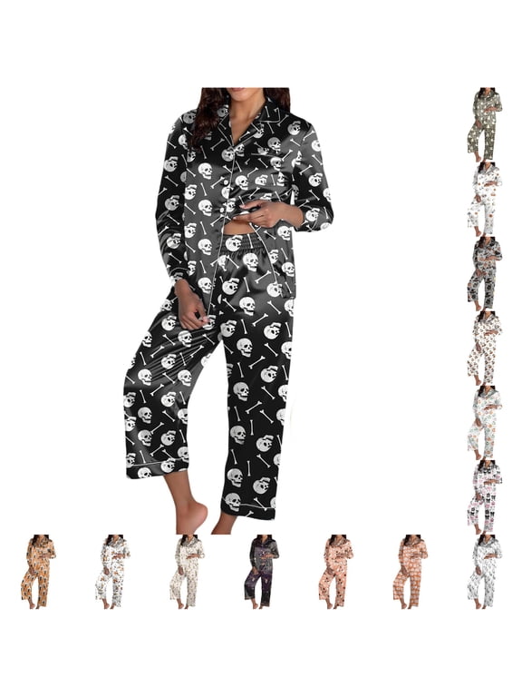 Silk Pajamas For Women Set Halloween 2 Piece Pj Set Satin Matching Long Sleeve Button Shirt With Pants