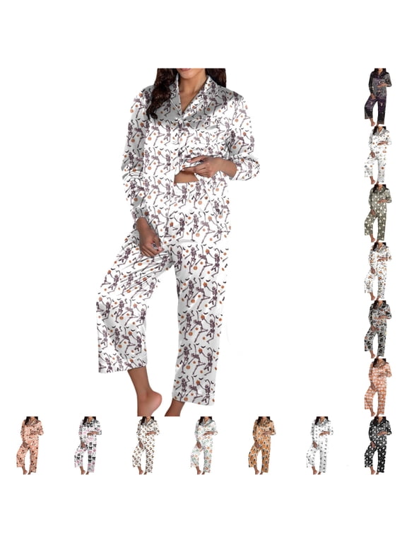 Silk Pajamas For Women Set Halloween 2 Piece Pj Set Satin Matching Long Sleeve Button Shirt With Pants