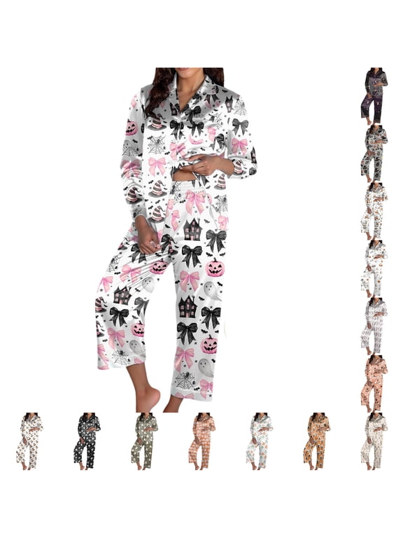 Silk Pajamas For Women Set Halloween 2 Piece Pj Set Satin Matching Long Sleeve Button Shirt With Pants