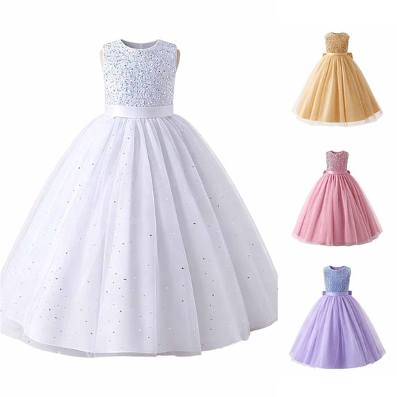 JAJAHO Sparkly Dresses For Girls Sequin Evening Party Gown Sleeveless Bow Mesh Layered Maxi Princess Dress Flower Girl Dress For Wedding 7-12Y