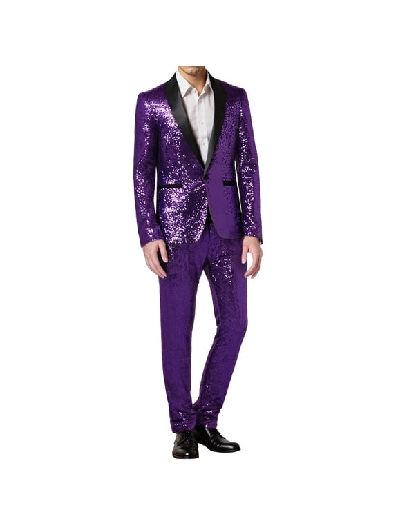 Sparkly Sequins Suit Set For Men Business Dress Wear Long Sleeve Glitter Button Up Slim Fit Suit Jacket Pants For Formal Wedding 2 Piece Comfortable Outfit
