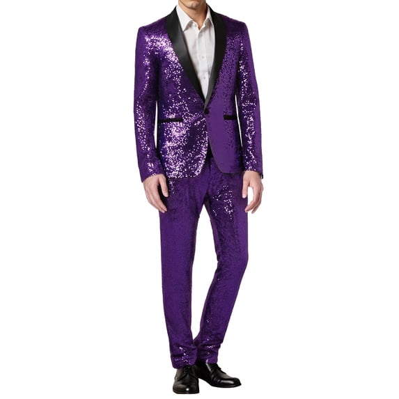 JAJAHO Sparkly Sequins Suit Set For Men Business Dress Wear Long Sleeve Glitter Button Up Slim Fit Suit Jacket Pants For Formal Wedding 2 Piece Soft Outfit