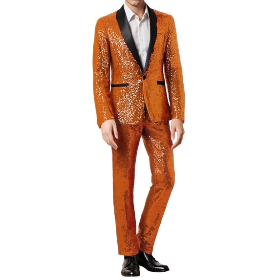 JAJAHO Sparkly Sequins Suit Set For Men Business Dress Wear Long Sleeve Glitter Button Up Slim Fit Suit Jacket Pants For Formal Wedding 2 Piece Versatile Outfit
