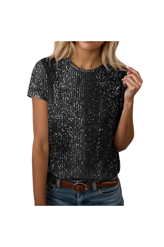 Sparkly Sequins T-Shirts For Women Round Neck Shiny Short Sleeve Top Casual Solid Color Elegant Comfortable Clothes Party Cozy Tops