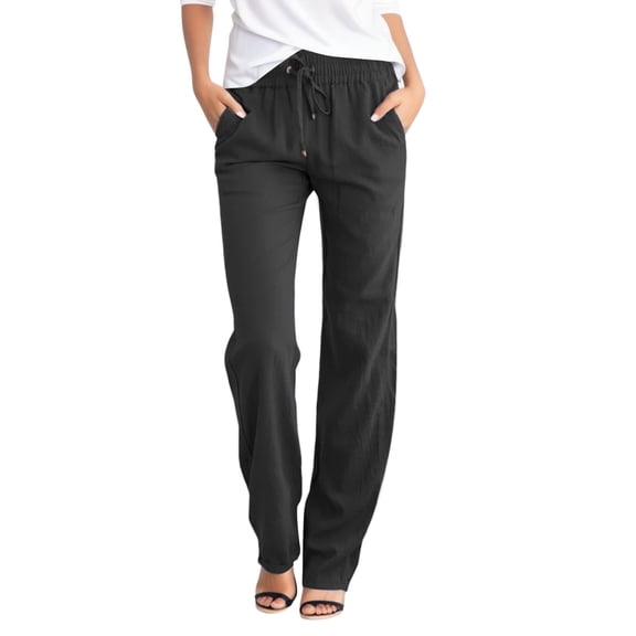 JAJAHO Straight Leg Sweatpants Women Elastic Drawstring Solid Color Relaxed Fit Breathable Summer Linen Pants Cozy Trousers