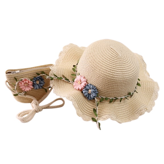 JAJAHO Straw Hat With Bag Set For Kids Girls Sun Protection Wide Brim Summer Beach Floral Bucket Hats 2-8Y