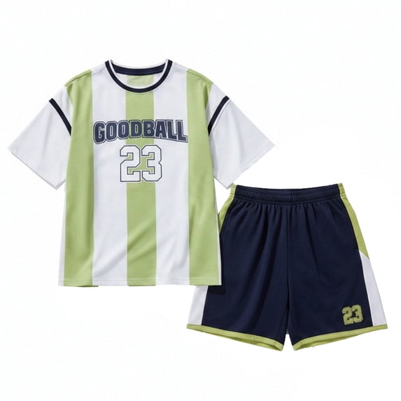 JAJAHO Summer Boys Athletic Outfits Breathable Mesh Striped Letter Short Sleeve T Shirt And Shorts 2 Piece Set For Kids 5-16Y Trendy Outfit