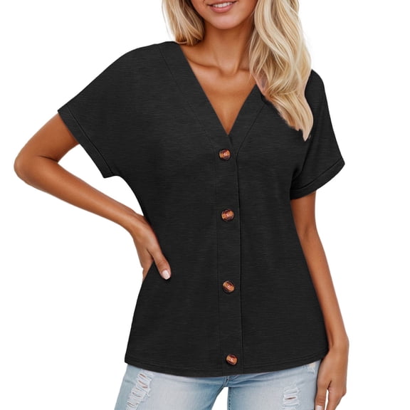 JAJAHO Summer Casual Womens Button Down Short Sleeve T Shirt Loose Fit Solid Color V Neck Blouse Basic Tee Shirt Stylish Tops