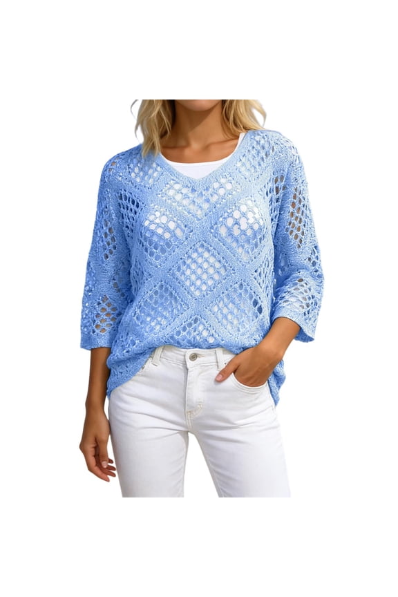 Summer Crochet Shirts For Women V Neck Batwing 3/4 Sleeve Knit Top Casual Loose Fit Tunic Trendy Tops
