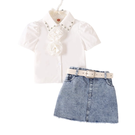 JAJAHO Summer Girls Outfit 2 Piece Skirts Set Floral Puff Short Sleeve Button Up Shirts And Denim Mini Pencil Skirt Sets For Kids 2-7Y Cute Outfits