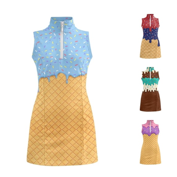 JAJAHO Summer Girls Tennis Dress With Pockets Sleeveless Quarter Zip Stand Collar Ice Cream Printed Slim Fit Golf Mini Dresses For Kids Teens 4-15Y