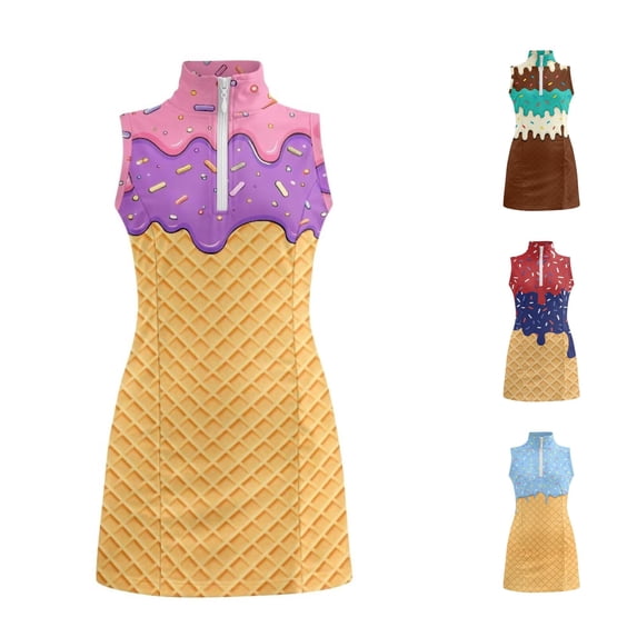 JAJAHO Summer Girls Tennis Dress With Pockets Sleeveless Quarter Zip Stand Collar Ice Cream Printed Slim Fit Golf Mini Dresses For Kids Teens 4-15Y