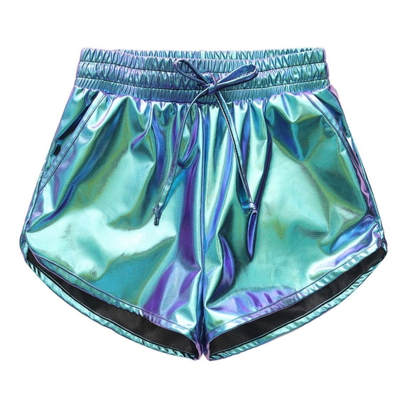 JAJAHO Summer Metallic Shorts For Boys Girls Shiny Dance Casual Drawstring Solid Color Loose Fit Shorts With Pockets Comfortable Trousers