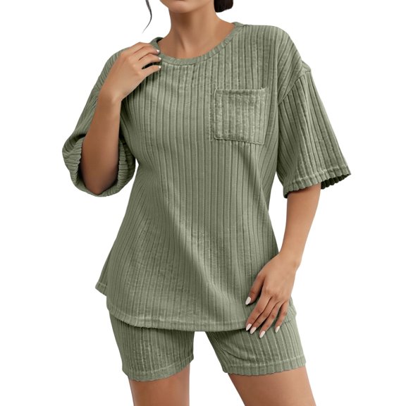 JAJAHO Summer Pajama Sets For Women 2 Piece Short Sleeve Sleepwear Ribbed Crew Neck Pocket T Shirt And Shorts Pjs Lightweight Stylish Home Clothes
