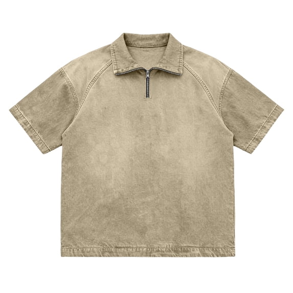 JAJAHO Summer T Shirt Men Vintage Washed Quarter Zip Casual Short Sleeve Polo Shirts Loose Fit Solid Color Retro Basic Tee Trendy Tops