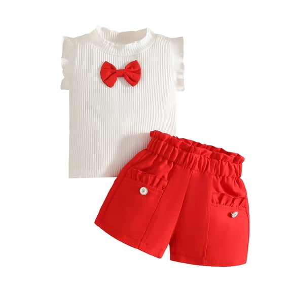 JAJAHO Summer Toddler Baby Girl Clothes 2 Piece Outfits Sleeveless Bowknot Tank Tops Elastic Waist Shorts Girls Clothing Set Stylish Outfit