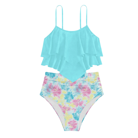 JAJAHO Tankini Swimsuits For Girl Two Piece Beachwear Fashion Ruffle Spaghetti Strap Top High Waisted Floral Print Briefs Bottoms 10-14Y Cute Swimwear