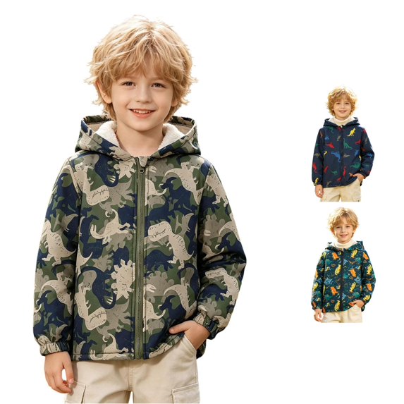 JAJAHO Toddler And Kids Boys Jacket With Sherpa Lining Cartoon Dinosaur Zipper Winter Coats Sizes 1-7Y