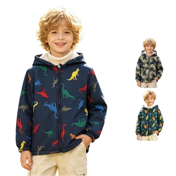 JAJAHO Toddler And Kids Boys Jacket With Sherpa Lining Cartoon Dinosaur Zipper Winter Coats Sizes 1-7Y