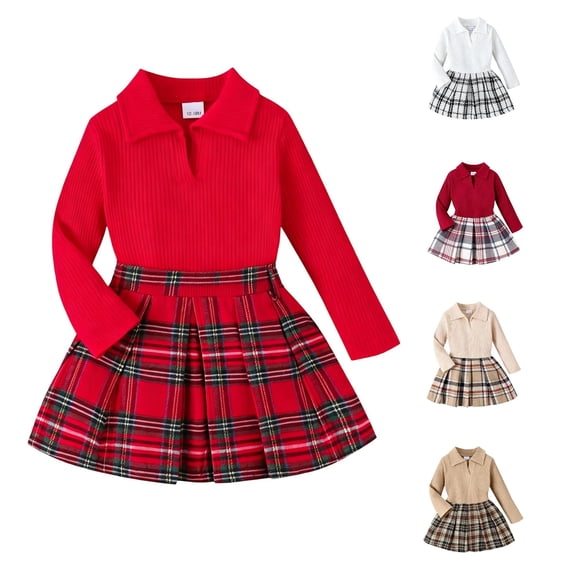 JAJAHO Toddler And Kids Girls Skirts Set Fall Outfit Long Sleeve Ribbed Top And Plaid Skirt 2 Piece Sets 1-5Y