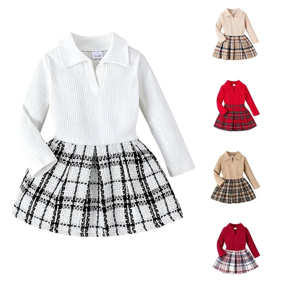 JAJAHO Toddler And Kids Girls Skirts Set Fall Outfit Long Sleeve Ribbed Top And Plaid Skirt 2 Piece Sets 1-5Y