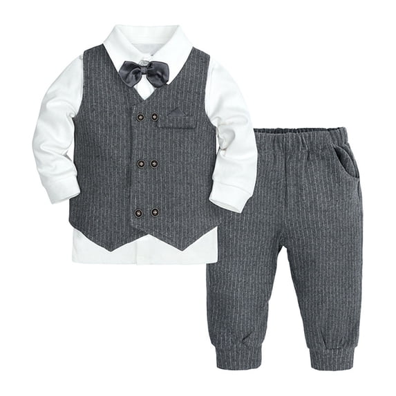 JAJAHO Toddler Baby Boy Clothes Suit Gentleman Wedding Outfits Formal Dress Bowtie Collar Shirt Waistcoat Suspender Pants 3 Piece Set 0-4T Trendy Outfit