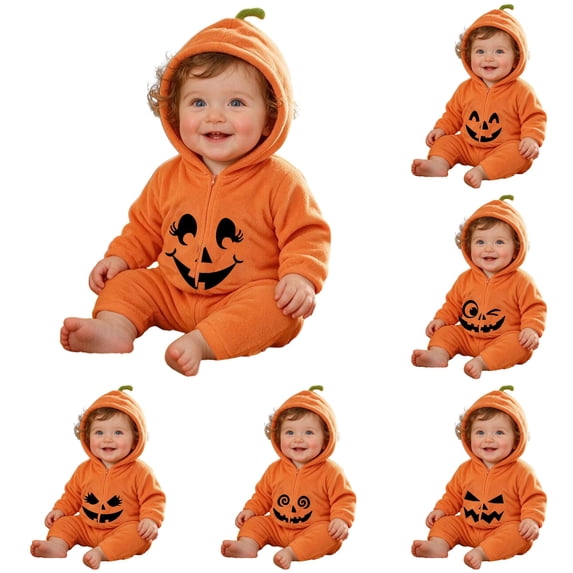 JAJAHO Toddler Baby Boy Girl Clothes Halloween Jumpsuits Hooded Fuzzy Pumpkin Romper 3M-3Y
