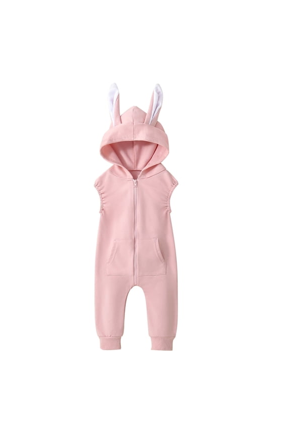 Toddler Baby Boy Girl Clothes Romper Bunny Ear Hooded Zipper Front Sleeveless Cute One Piece Jumpsuit 0-2T Stylish Onesie